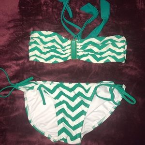 White with green striped bathing suite